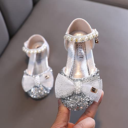 Girls White Dress Shoes Fashion Summer Girls Sandals Dress Performance Dance Shoes Sequin Pearl Mesh Bow Buckle Princess (Silver-a, 12 Little Child)3