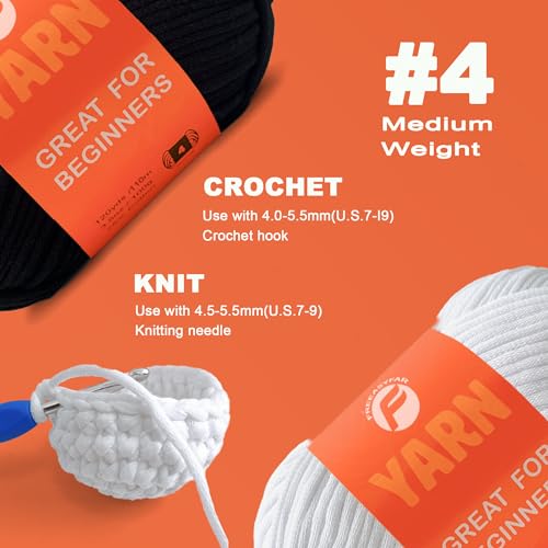 Image of 2 x 3.5Oz Yarn for Crocheting and Knitting;Worsted-Weight Medium #4;Cotton Blend Yarn for Beginners with Easy-to-See Sitches,Great for Amigurumi DIY (Black+White)