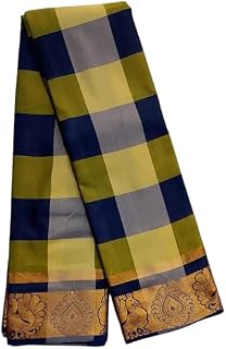 Women's Mixed Cotton Sarees - Elegant Golden Zari Woven Border Checked Saree Without Blouse (Light Yellow & Dark Blue) Price In India