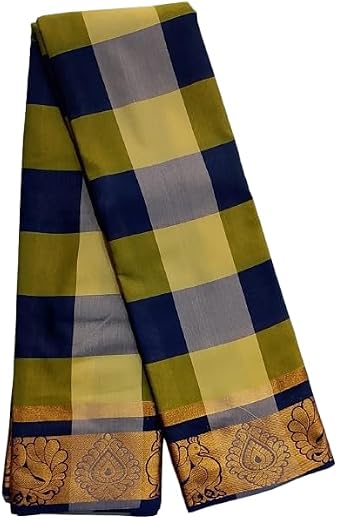 Women's Mixed Cotton Sarees - Elegant Golden Zari Woven Border Checked Saree Without Blouse (Light Yellow & Dark Blue)