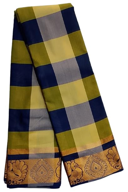 Women's Mixed Cotton Sarees - Elegant Golden Zari Woven Border Checked Saree Without Blouse (Light Yellow & Dark Blue) - Review, Price and Buying Guide