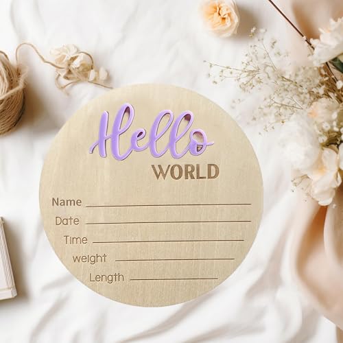 Image of Baby Announcement Sign, ​5.9 Inch Wooden Hello World Newborn Signs, Birth Announcement Sign, Baby Shower Hospital Nursery for Newborn Boys and Girls (Purple)