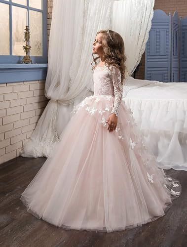 Tulle Flower Girl Dress for Wedding Lace Appliques 3D Butterfly Long Sleeves Party Pageant Ball Gown Dresses2