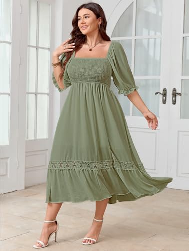 Image of SCOMCHIC Women's Plus Size Boho Maxi Dress Short Sleeve Square Neck Smocked Flowy A-Line Lace Trim Wedding Guest Dresses