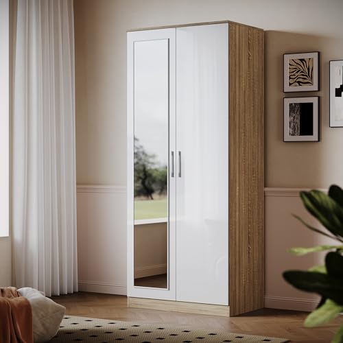 Image of ELEGANT Modern High Gloss Soft Close 2 Doors Wardrobe with Mirror and Metal Handles Includes Removable Hanging Rod and Storage Shelves, White/Oak Bedroom Furniture Sets