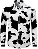 Fashonal Cow Shirt Men, Cow Print Long Sleeve Shirt Men Casual Button Down Shirts, Cow Size L