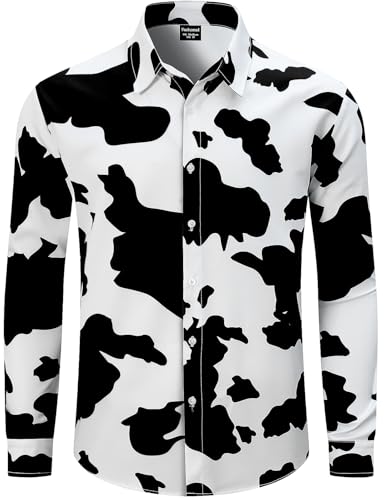 Fashonal Cow Shirt Men, Cow Print Long Sleeve Shirt Men Casual Button Down Shirts, Cow Size L