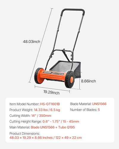 VEVOR Push Reel Lawn Mower 14 inch, 5 Blades Manual Push Mower