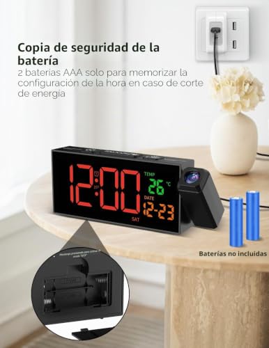 Miniatura 8 de Despertador Digital Proyectante 350 , Termómetro, Fecha, Pantalla Grande, 10 Tonos, Repetición, 4 Niveles Brillo Y Volumen, Dst, Despertador Fuerte