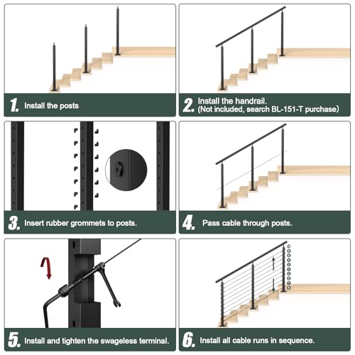 BLIKA 6\'6\" Complete Set 36\" Stair Railing Post Kits with Handrail, Surface Mount Stair Cable Railing System with Handrail & Swageless Tensioner, Pre-Drilled Black Stainless Steel Cable Railing Posts