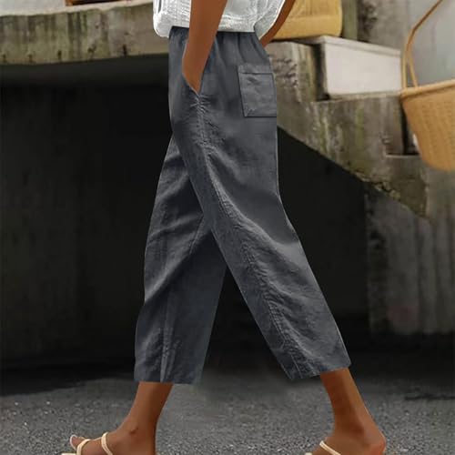 Capri Pants for Women Casual Summer Beach Elastic High Waist Pant Straight Wide Leg Cropped Trousers with Pockets2