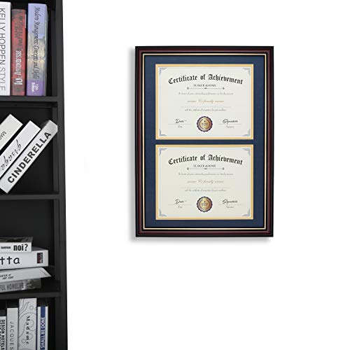 Image of ELSKER&HOME Double Diploma Frame for Two 8.5x11 with Navy Mat,Wood | Cherry Wood,Document /Photo Made for Certificates&Diploma 14x20 Inch Without Mat (Double Mat, Navy Blue Mat with Golden Rim)