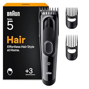 Braun Haarschneider Series 5, Haarschneidemaschine und Rasierapparat für Herren, Haartrimmer mit Ultrascharfe Klingen, 17 Längen, 3 Zubehörteile, 50 Min. Akku, Abwaschbar, HC5530, Schwarz