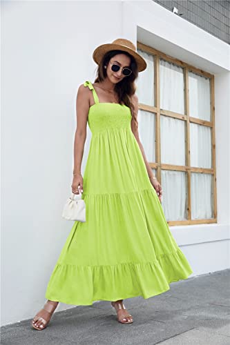 Image of kinstell Women's Summer Boho Spaghetti Strap Square Neck Ruffle Casual Flowy Long Dress Beach Swing Party Maxi Dress