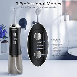 Vexloria Idropulsore Dentale Portatile, 300ML Irrigatore Orale Senza Fili, Water Flosser 3 Modalità E 4 Ugelli, IPX7 Impermeabile Irrigatore Idropulsore Pulizia Denti Ideale, nero chiaro