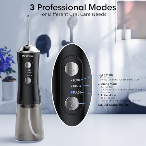 Vexloria Idropulsore Dentale Portatile, 300ML Irrigatore Orale Senza Fili, Water Flosser 3 Modalità E 4 Ugelli, IPX7 Impermeabile Irrigatore Idropulsore Pulizia Denti Ideale, Nero Chiaro - 3