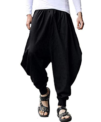 AITFINEISM Men's Casual Loose Baggy Linen Harem Capri Pants with Pockets (34-36 inch, Black)