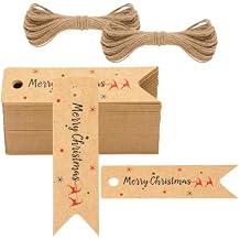 G2PLUS Small Merry Christmas Tags - 100Pcs Deer Kraft Paper Gift Tags with String for Gift Wrapping, Goodies Bags, Christmas Holiday Party Favors2.8x0.8