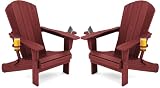 SERWALL Adirondack Chair with Cup Holders - Composite Adirondack Chairs Set of 2 HDPE Outdoor Chairs All Weather Use- Dark Red