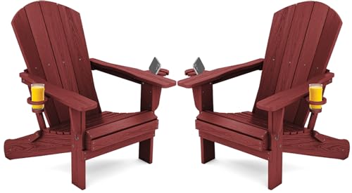 SERWALL Adirondack Chair with Cup Holders - Composite Adirondack Chairs Set of 2 HDPE Outdoor Chairs All Weather Use- Dark Red
