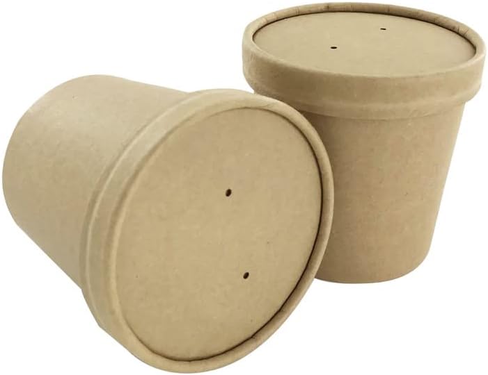 Party Warehouse 24 x 8oz (225ml) Brown Kraft Paper Disposable Food Containers With Lids - Ideal for Soup and Ice Cream - Microwave Safe and Freezer Safe - 24 Cardboard Cups and 24 Lids - 8oz