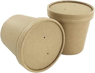 Party Warehouse 24 x 8oz (225ml) Brown Kraft Paper Disposable Food Containers With Lids - Ideal for Soup and Ice Cream - Microwave Safe and Freezer Safe - 24 Cardboard Cups and 24 Lids - 8oz