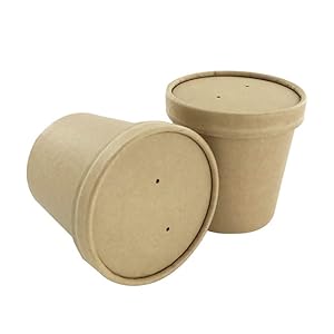Party Warehouse 24 x 16oz (450ml) Brown Kraft Paper Disposable Food Containers With Lids – Ideal for Soup and Ice Cream – Microwave Safe and Freezer Safe – 24 Cardboard Cups and 24 Lids – 16oz