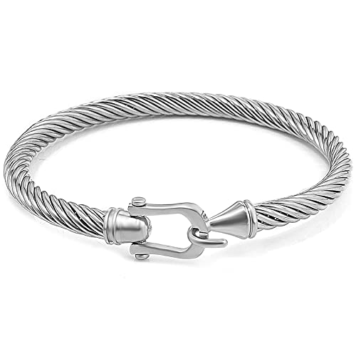 Image of Gleamart Silver Cable Bracelet for Women Stainless Steel Twisted Bangle with Hook Clasp