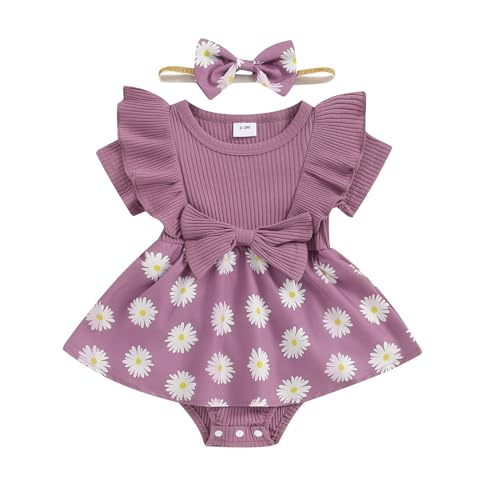 Image of Douhoow Infant Baby Girl Romper Baby Girl Dress Floral Pleated Romper Baby Girl Summer Clothes with Headband (Purple A, 0-3 Months)