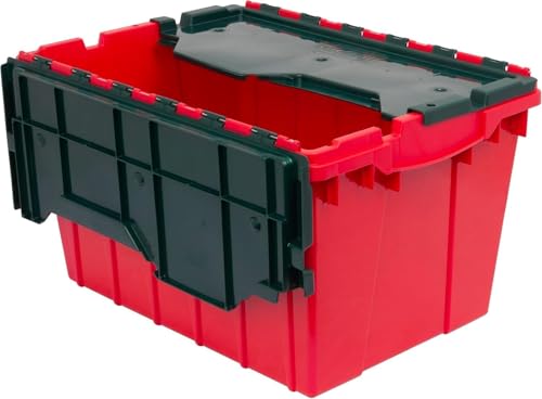 Image of Akro-Mils KeepBox 12 Gallon Storage Container, Nesting and Stackable Plastic Storage Box with Lid Attached, Organizer Tote for Garages, Closets, and Moving, 21-1/2" x 15" x 12-1/2", Red/Green