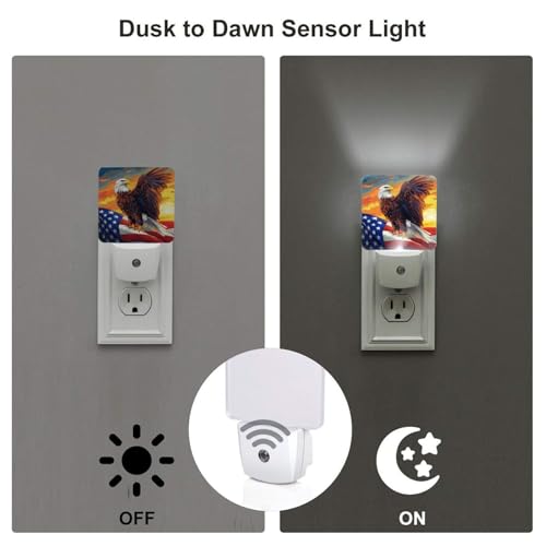 Image of Eagle Sky Stars Stripes Flag LED Plug-in Night Lamp 2 Piece Set, Auto Sensor Nightlights Set of 2 for Bedroom Bathroom Corridors