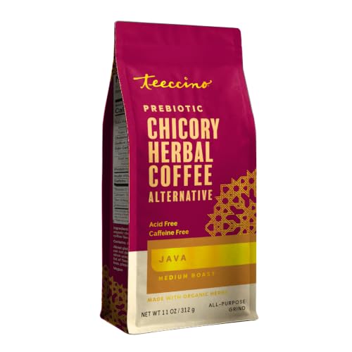 Teeccino Java Chicory Coffee Alternative - 11 Ounce - Ground Herbal Coffee That’s Prebiotic, Caffeine Free & Acid Free, Medium Roast