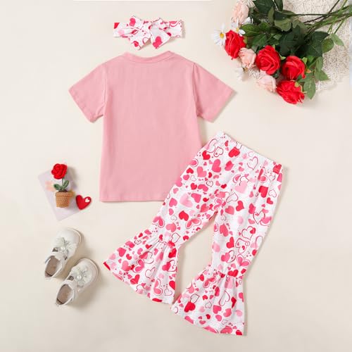 Image of Girl Valentines Day Outfit Letter Tee Shirt Love Heart Bell Buttoms Pants Headband Clothes Set
