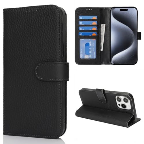 Coque iPhone 15 Pro en cuir véritable, étui portefeuille chic noir pour homme et femme