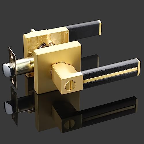 EHOMEWARE 2 Pack Gold Door Handles, Brass Interior Door Levers with Black Leather Handle, Privacy Door Handles Locksets for Bedroom Bathroom, Reversible Door Handles for Right or Left Handed Doors - Image 3
