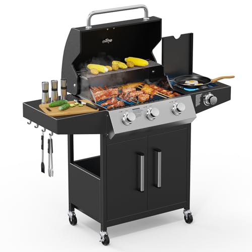 Bonnlo 4 Burner Propane Gas BBQ Grill with Side Burner & Enameled Cast Iron Grates, 46, 000 BTU Barbecue Grill with Wheels, Built-in Temperature Gauge for Outdoor Patio Backyard Cooking Grilling