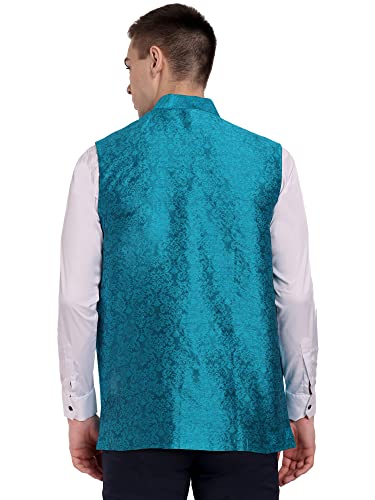Image of SKAVIJ Mens Embellished Ethnic Wear Nehru Jacket Floral Printed Formal Waistcoat Regular Fit (Small,Turquoise)