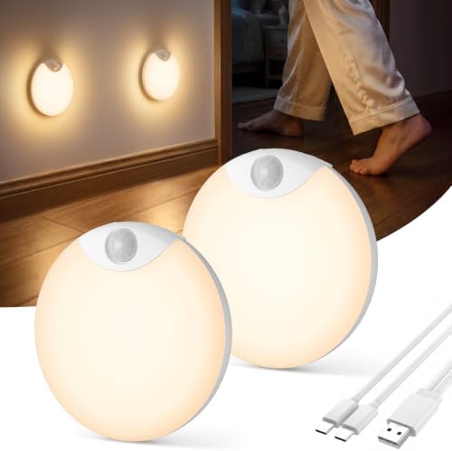 FLOWood Nachtlicht mit Bewegungsmelder USB-C Aufladbar Warmweiß 2 Stück | Dimmbares Sensorlicht warmweiß, Bewegungsmelder: Automatik & 30-Min.-Timer per Knopfdruck, Flur, Treppe, K