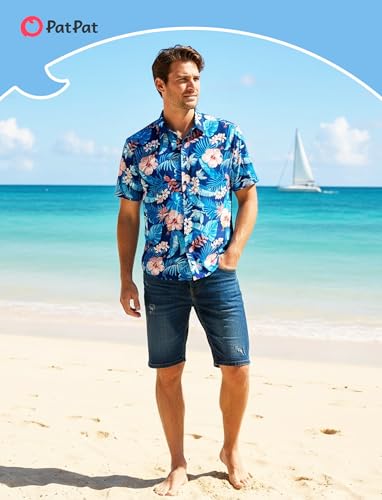 Image of PATPAT Family Hawaiian Matching Outfits - Mommy and Me Vacation Outfits | Halter Sundresses and Button Down Shirts,Caribbean Vacation Summer Tropical Outfits,Hawaiian Boho Tropical Floral Printed