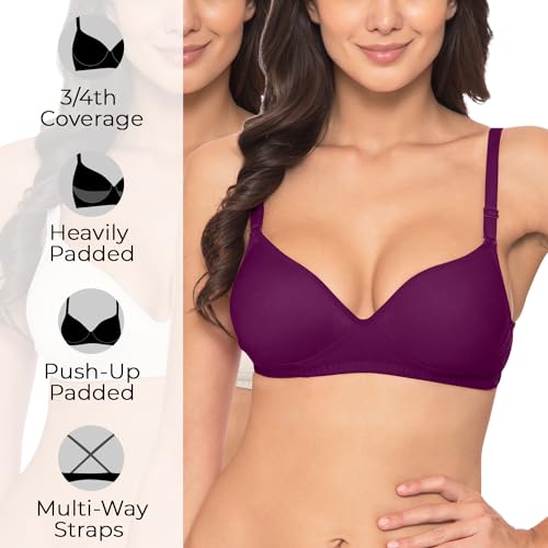 Image of Komli - Heavily Padded Push-Up Bra - Cotton Rich - Balconette - 3 /4th Coverage, Seamless, Wireless, Multiway Straps - T-Shirt Bra (Pack of 2)