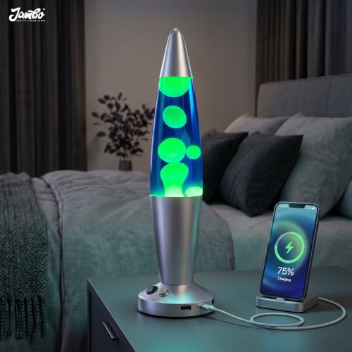 Image of JAMBO 16-Inch Beautiful Lamp with Wax, Relaxing Night Light Home Decor, Extra Tall, Living Room Office Bedroom Lamp for Adults, Teens, Kids (USB, Auto Shut Off, Silver Base, Blue Liquid, Yellow Wax)