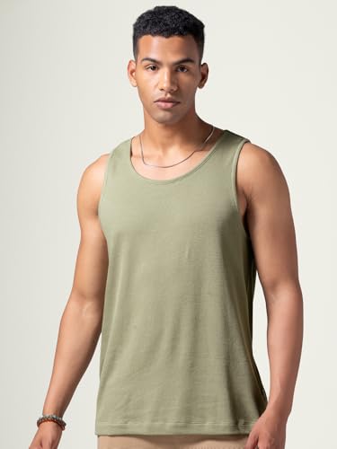 Image of DAMENSCH Relaxed Fit Cotton Rich Blend Waffle Texture Anti- Bacterial Super Premium Solid Tank Top Gym T Shirts for Men Pack of 1