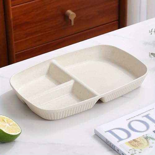 Image of Eco Friendly Wheat Straw Plates with 3 Compartments Food Separator Plastic Trays for Dinner, Cake, Fruits, Salad, Cupcake, Steak, Pasta Microwave Dishwasher Safe (Beige, Pack of 2)
