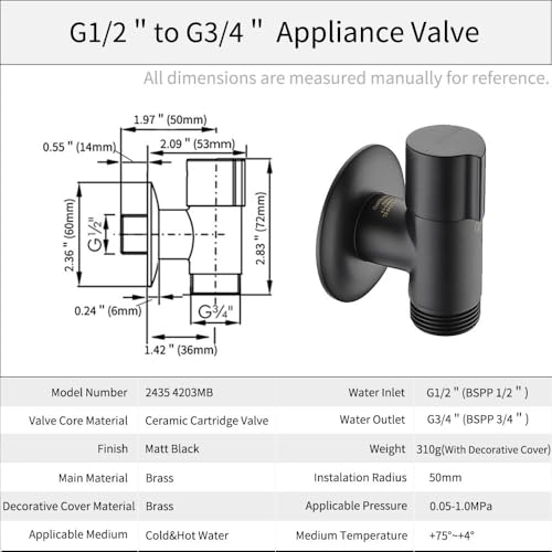 nomona Appliance Valve für Geschirrspülmaschinen, Wand-Eckventil für Geschirrspüler, Wasseranschluss G1/2 auf G3/4 (Matt black)
