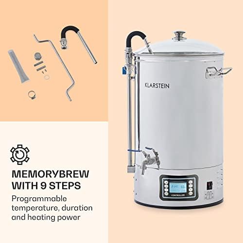 Klarstein Mundschenk Mash Tun - Mash Kettle Beer Brewing Set, Home Brewing, LCD Display, Touch Panel, Easy Emptying via Secure Drain Tap, Stainless Steel, 30 L