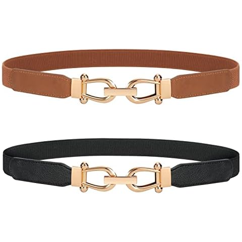 JASGOOD 2 Pack Women Stretchy Waist Belt Retro Elastic Skinny Belt for Ladies with Gold Buckle Cover