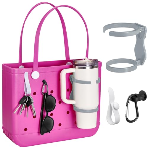 ANTAND Foldable Cup Holder for Bogg Bag Accessories Inserts Key Hooks and Clips, Adjustable Drink Water Bottle Holder for Stanley Cup 30oz 40oz, Essentials Attachments for Beach Tote Bag (Gray)