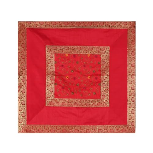Image of New Year Room Decor Embroidery Brocade Silk Table Cover for Centre & Dinning Table and 4 & 6 Seater Dining Table /Tablecloth, (50 by 50 Inches) (Red)