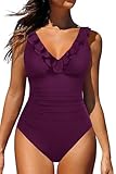 Holipick Women Dark Purple One Piece Swimsuits Tummy Control Bathing Suit Ruffle V Neck Swimwear Slimming for Teen Girls Large
