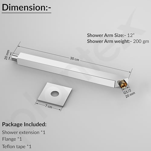 Image of Plantex 12-Inch Shower Arm for Overhead Shower /Stainless Steel Shower Pipe /Wall Mount Bathroom Fitting with -Inch Thread - Pack of 1 (Chrome)